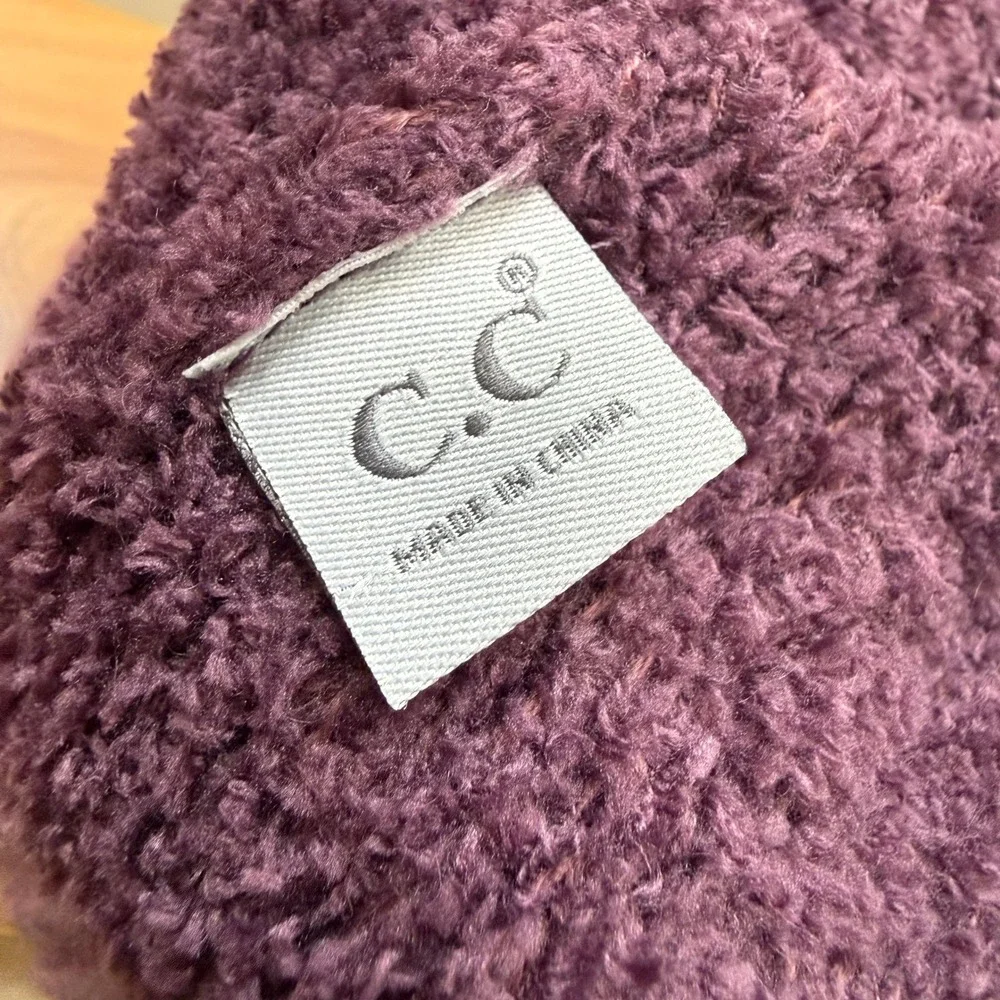 C.C Exclusives Fur Pom Pom Dark Rose Mauve Chunky Knit Ribbed Beanie Hat OneSize